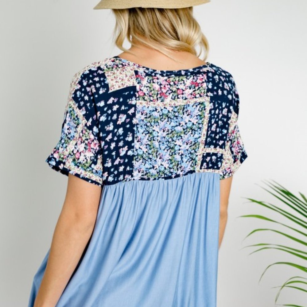 NWT E.Luna Blue Floral Patchwork Babydoll Top - Picture 8 of 9
